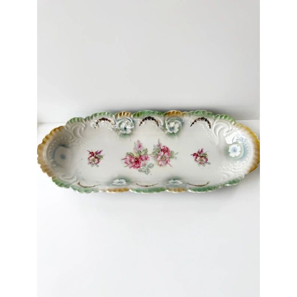 Vintage German Porcelain 12.5" Oblong Serving Dish – Pink Roses & Gold Gilt